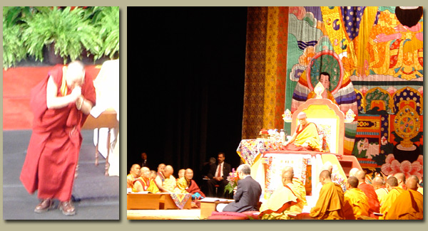 The Dahli Lama bowing and a buddhist ceremony